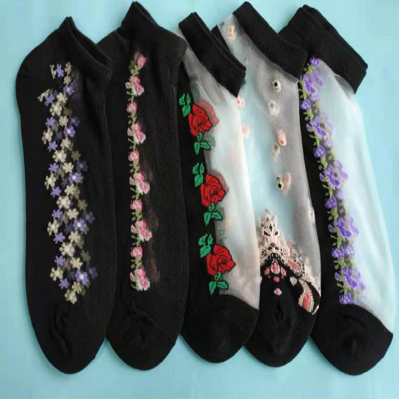 Transparent Rose Flowers Short Lace Socks Women Summer Hollow Out Boat Socks Slippers Female Soft Low Invisible Socks 10pair